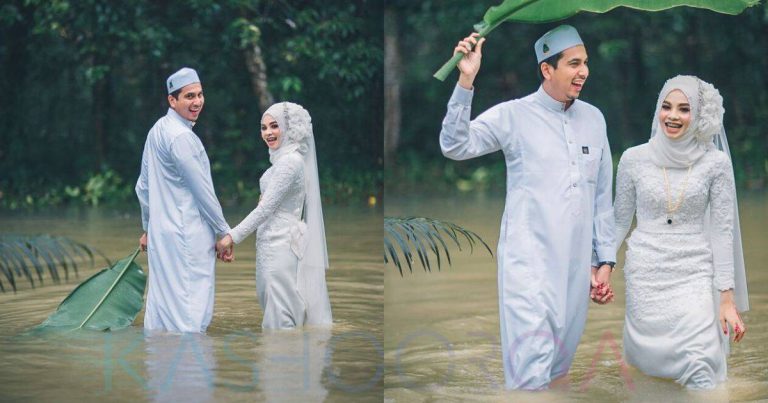 Selamba Redah Banjir Dengan Baju Kahwin, Kedua Mempelai Ini Punya Cara Tersendiri Rai Hari Bahagia